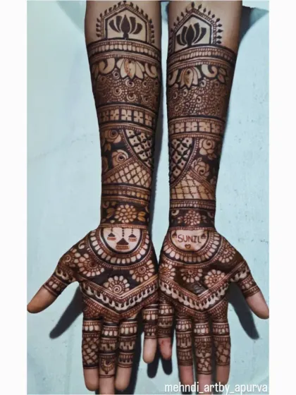 I love creating full forearm mehendi that tells a story. This design combines my signature lotus motif at the top with traditional peacocks and a special personal touch, the groom's name 'Sunil', hidden in the pattern.