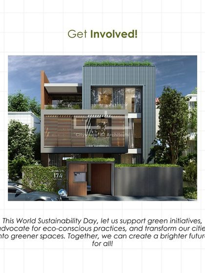 A call to action for World Sustainability Day, featuring a modern home with a green roof and wood-paneled facade. It encourages supporting green initiatives and transforming our cities into greener spaces.
