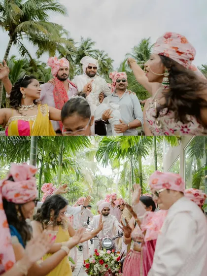 A collage capturing the essence of the Baraat. The groom's friends dance with abandon, celebrating his arrival with infectious energy.