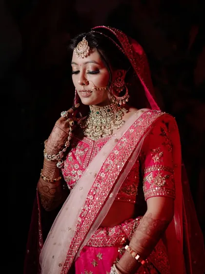 A closer look at the bridal makeup, showing the soft blending on the eyes and the flawless base that looks perfect even in professional lighting.