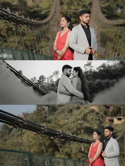 A three-photo story of a couple on the bridge, using smoke effects to create a dreamy and mystical atmosphere.
