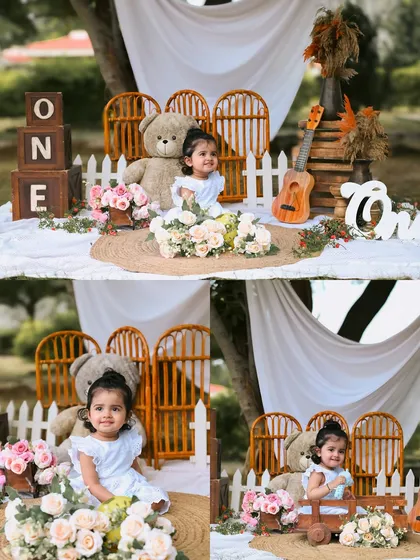 A collage of photos from a rustic outdoor first birthday shoot. It showcases the full setup and captures a variety of sweet moments and expressions.