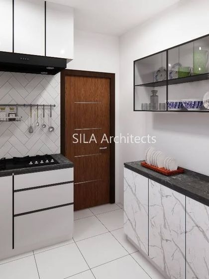 A kitchen design proposal for a client in Vizag, featuring a black-and-white theme with marble-finish cabinets and a herringbone-patterned backsplash.