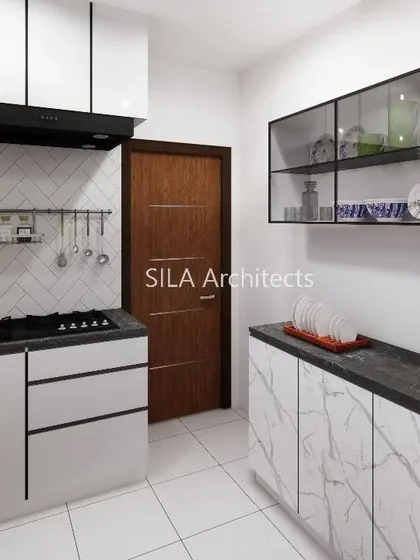 A kitchen design proposal for a client in Vizag, featuring a black-and-white theme with marble-finish cabinets and a herringbone-patterned backsplash.