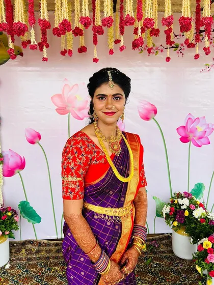 This is a full view of a traditional pellikuthuru look I created. I love helping my clients get ready for these important pre-wedding ceremonies, ensuring every detail from the silk saree to the hairstyle and makeup is perfect for the occasion.