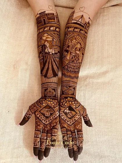 A custom design for my NRI bride from San Francisco. It features the Mumbai and Pune skylines, and the Golden Gate Bridge where she was proposed to, telling her unique love story.