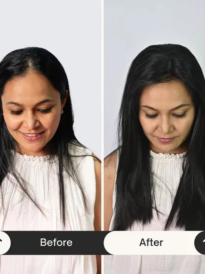 For clients with thinning at the front, my Face Framer extensions are a game-changer. This before and after shows how a small piece can add just the right amount of volume to create a fuller, more balanced hairline.