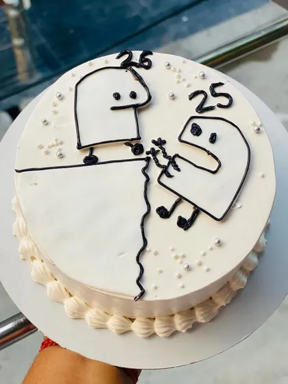 A minimalist and funny comic-style cake celebrating a 25th birthday.