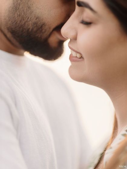 An intimate close-up of Kunal and Disha, capturing a soft and tender moment during their pre-wedding shoot.