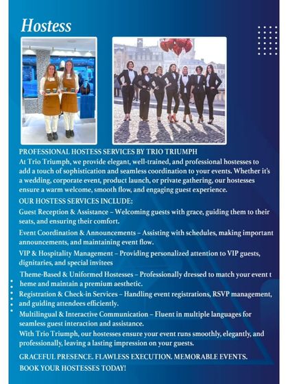 Our professional and well-trained hostesses ensure a warm welcome and seamless experience for your guests. They assist with reception, seating, and event coordination.