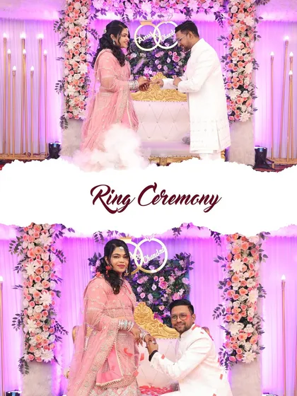 A collage showcasing the ring exchange and a playful proposal moment during an engagement ceremony, set against a beautiful floral backdrop.