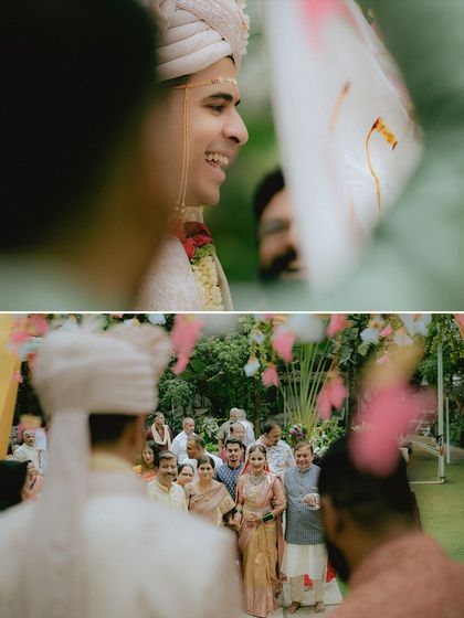 Candid moments from a wedding ceremony. These photos capture the groom's joyful expression and the bride's graceful entrance, telling a story of their special day.