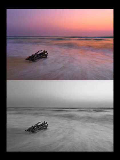 A before-and-after comparison of a long exposure seascape, showing both the color and monochrome versions. It highlights how different processing can completely change the mood of an image.