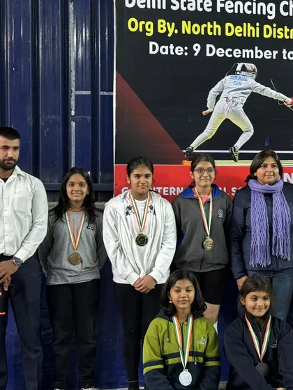 Our junior and sub-junior girls' team with their medals from the Delhi State Championship. We have strong teams in every age group.