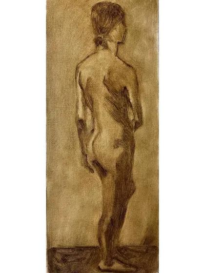 A figure study in oil on linen, practicing what I learned in a workshop. This is the underpainting, focusing on drawing and value before adding color. The reference is from the Florence Academy of Art.