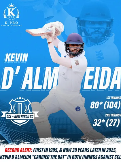 Our training delivers results. We celebrate the success of our players like Kevin D’Almeida, who made history by carrying the bat in both innings of a match. This is proof that the hard work in the nets translates to record-breaking performances.