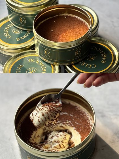 A top-down view and a scoop shot of our Tiramisu, showing the rich cocoa dusting and the creamy layers within.