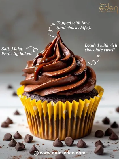 We believe in dessert that's both delicious and informative. This is our classic chocolate cupcake: perfectly moist, loaded with a rich chocolate swirl, and topped with love (and extra choco chips, of course).