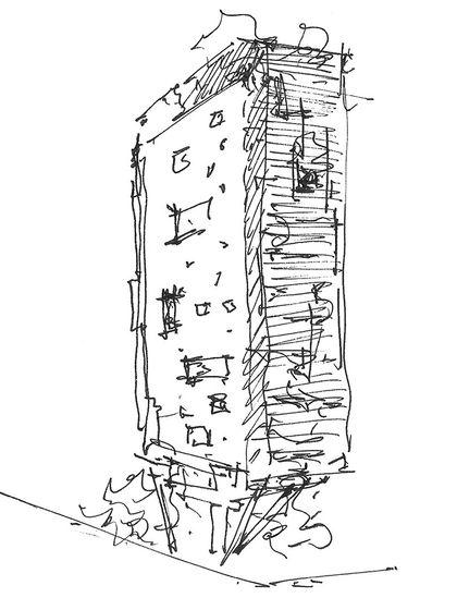 A preliminary sketch of the J-House, capturing its essence as a vertical structure that is porous and light. The drawing explores the building's relationship to the ground and its unique silhouette against the urban skyline.
