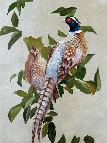 A detailed painting of a pheasant pair, part of a wildlife art series for a project in Coonoor. The piece highlights the intricate patterns and colors of the birds' plumage.