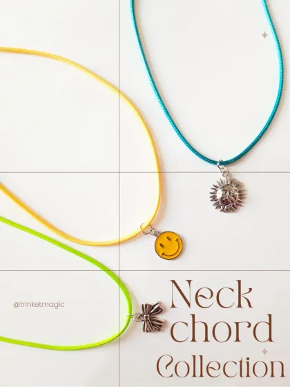 My neck cord collection is here to add color and charm to your look. This image shows the smiley, bow, and sun charm necklaces on bright, fun cords.