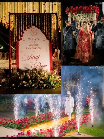 The entrance to the wedding ceremony was marked with a personalized welcome sign and a pathway lined with red roses and sparklers, setting the stage for the groom's and bride's grand entries.