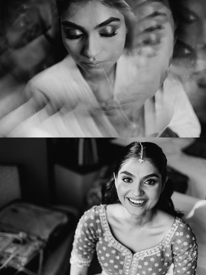 An artistic black and white collage showing the bride's transformation, with a creative motion blur effect.