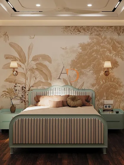 I design bedrooms to be personal retreats. This room features a custom bed against a serene, nature-inspired wallpaper, creating a tranquil focal point. The combination of a soft color palette, warm wooden flooring, and integrated lighting makes this a perfect space to unwind.