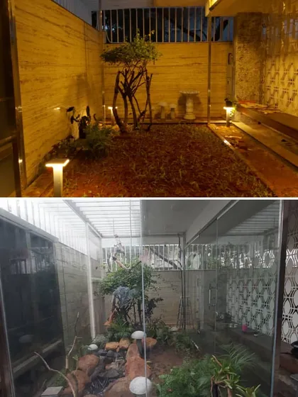 This is an aviary I executed, which includes a small pond and landscaping inside the enclosure. It creates a complete, natural habitat for birds and other small creatures, bringing a piece of the wild to your home.