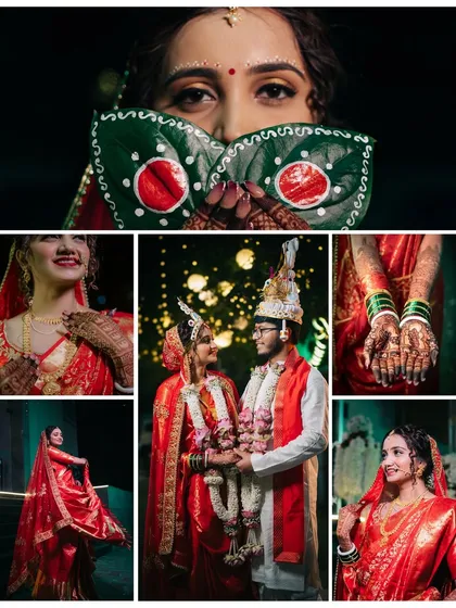 A beautiful summary of a Bengali wedding. This collage includes the iconic Shubho Drishti, portraits of the bride in her red Benarasi saree, and a romantic shot of the couple.