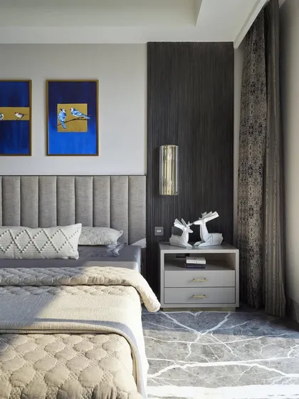 These serene paintings of blue jays, set against a deep blue ombre and gold leaf, were commissioned for a master bedroom. The artwork brings a sense of tranquility and personalized beauty, turning the space into a peaceful retreat.