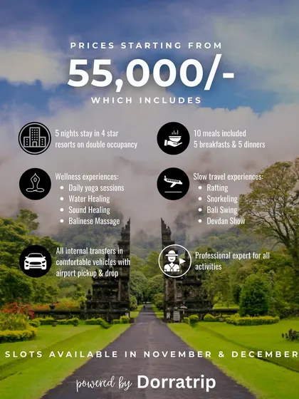Our Bali Soulscape retreat pricing starts at 55,000, which includes a 5-night stay, daily yoga, wellness experiences like sound healing, and slow travel adventures.