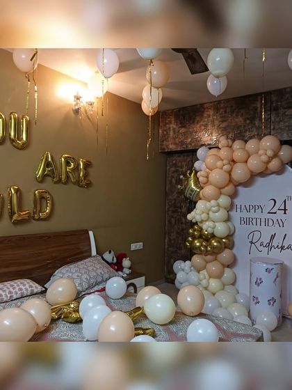 The same 24th birthday decor, showing how it can transform a bedroom into a party space. The setup includes the main backdrop as well as ceiling balloons and a fun "YOU ARE OLD" foil banner.