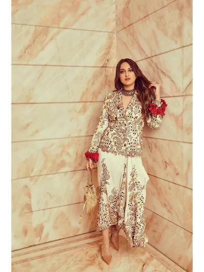 The full look of the Anamika Khanna dhoti set, showing how it creates a unique and high-fashion silhouette.