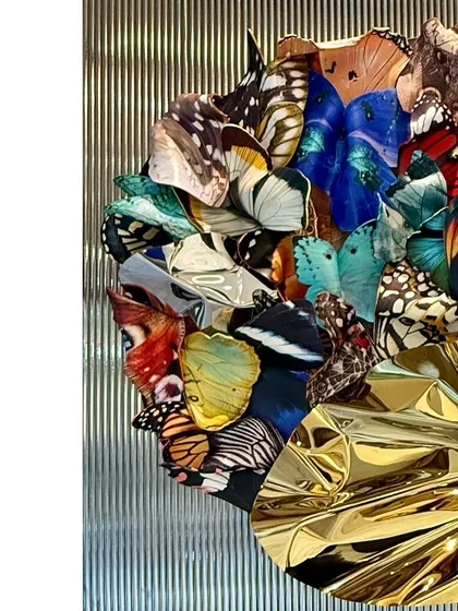 Another angle of "Ephemeral Reflections," focusing on the variety of butterfly species represented.