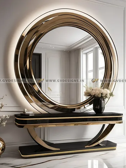 Your home's first impression should be a lasting one. We designed this opulent foyer with a statement backlit mirror, a bespoke console table with a striking metal finish, and decorative wall beading to create a grand and welcoming entrance.