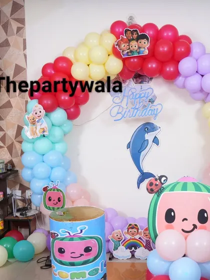 Another close-up of the Cocomelon theme, showing the watermelon balloon sculpture and character cutouts.