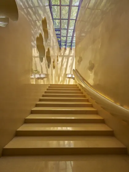 Natural light floods our spaces, like this staircase with its glass ceiling. The design connects the indoors with the outdoors, adding to the feeling of openness and tranquility.