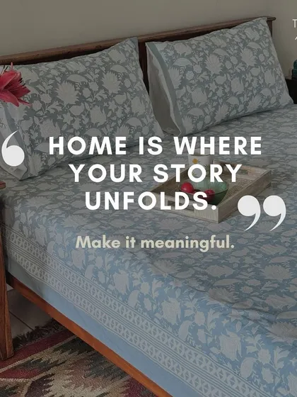 Your home is where your story unfolds, and I believe in making it meaningful. This beautiful blue floral cotton bedsheet serves as a gentle reminder to surround yourself with pieces that reflect conscious choices and sustainable beauty.