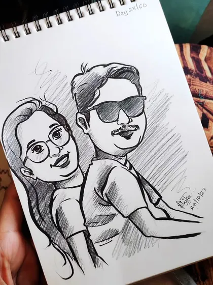 A fun couple caricature from my sketchbook. Capturing two people's personalities together in one drawing is always a joy.