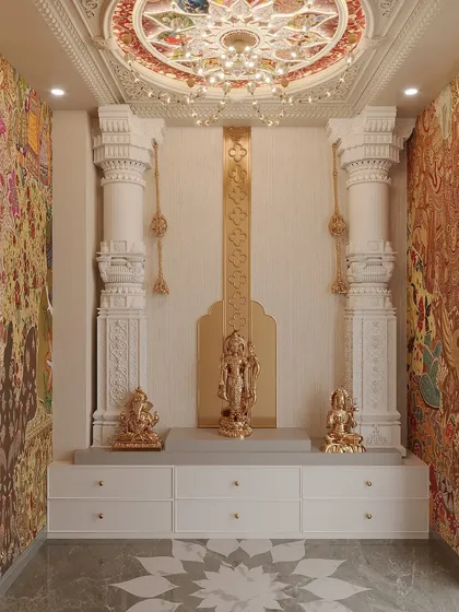 A mandir is the spiritual heart of a home. We designed this sacred space to be a work of art, with intricate pillars, a detailed ceiling dome, and custom wallpaper, creating a sanctuary that is both divine and luxurious.