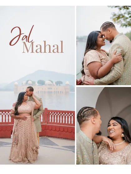 A collage of Kenneth and Lakshmi's shoot at Jal Mahal. Their happy expressions and loving poses perfectly capture the joy of their pre-wedding experience.