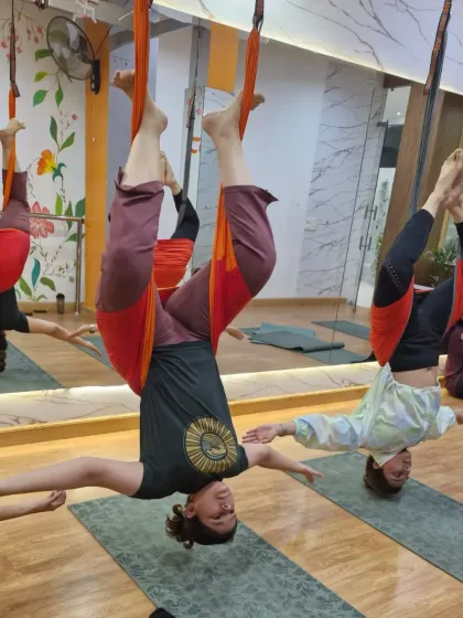 Finding stability and peace while upside down. This client is holding a steady inverted pose, which is fantastic for building upper body strength and improving blood flow. It’s a moment of focus and physical achievement.