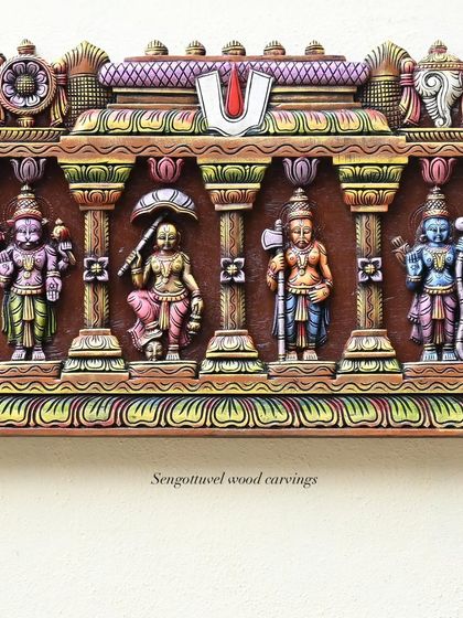 A section of the Dasavatharam panel showing the avatars Narasimha, Vamana, and Parashurama, each with their characteristic attributes.