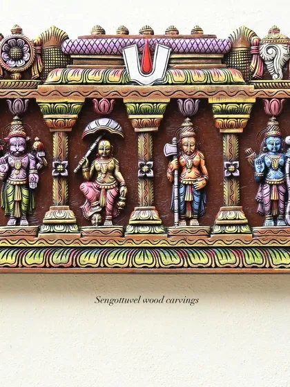 The final section of the Dasavatharam panel, showing avatars including Vamana and Parasurama. The complete panel tells the epic story of Vishnu's descents to Earth in a beautiful, linear narrative.