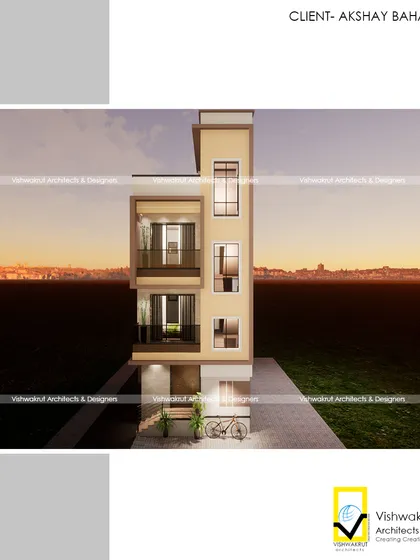 A night view of the 'Eifel Tower' project in Bhendkhal. This shows how lighting can be used to highlight the vertical lines and make a narrow building appear grand.