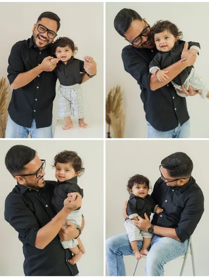 This four-photo collage beautifully tells the story of a father and his son during their studio session. It captures a range of interactions, from playful moments to loving cuddles.