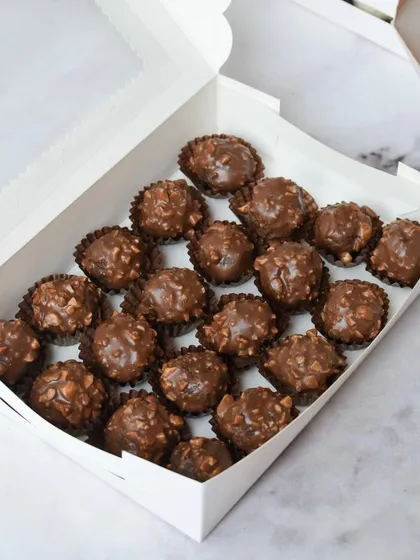 A full box of my crunchy, nutty chocolate truffles. These are always a crowd-pleaser and make for a simple yet indulgent gift for any chocolate lover during Diwali.