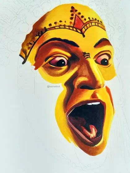 The face is almost fully painted in this work-in-progress shot of the 'Kantara' artwork. I'm working on the dramatic open-mouthed expression before moving to the background.