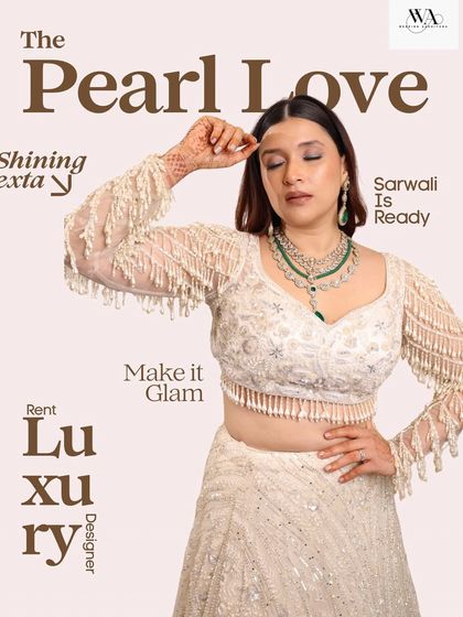 A creative magazine-style edit featuring our 'Pearl Love' lehenga. This ivory outfit with tassel sleeves is for the bride who loves a touch of modern glam.